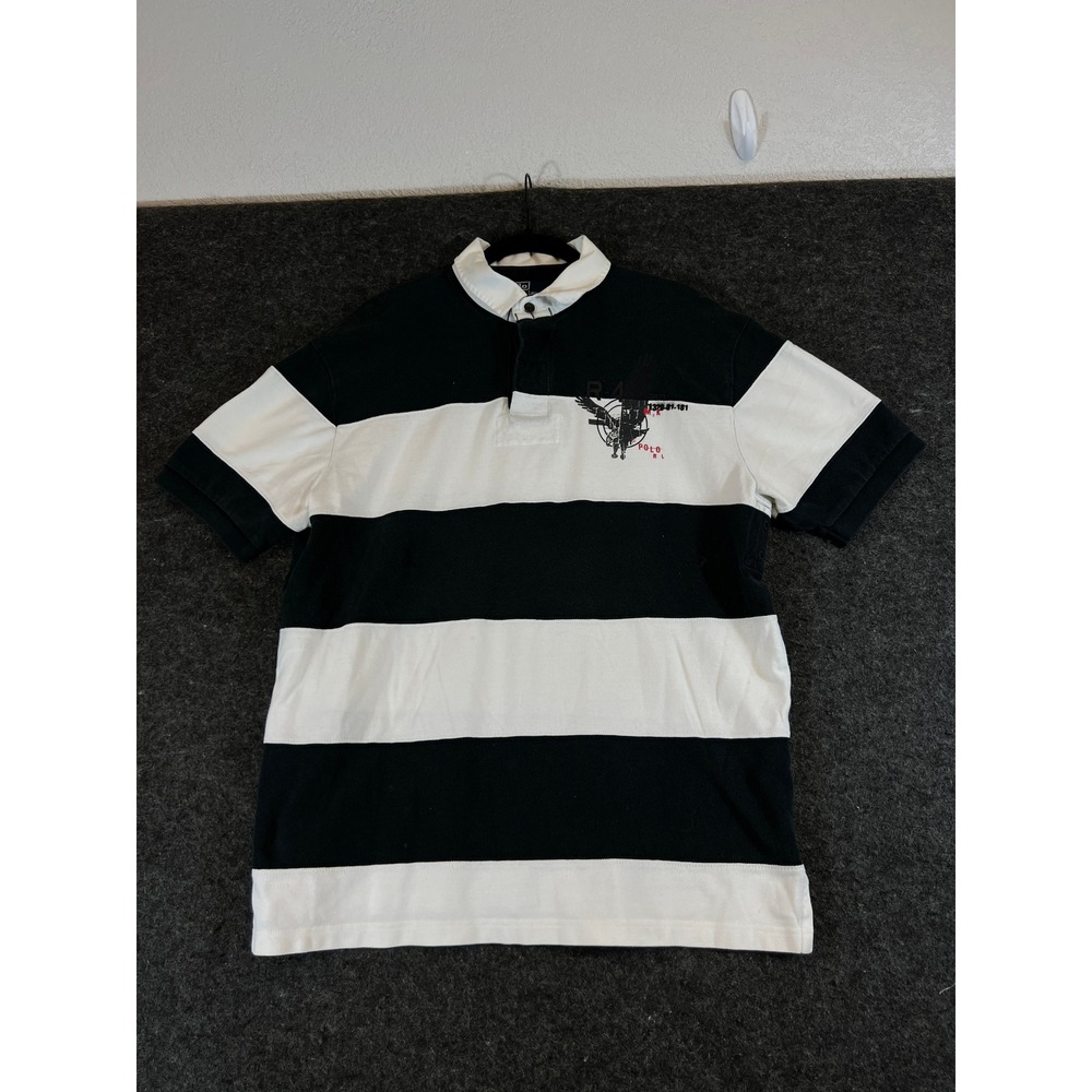 Polo Ralph Lauren Mens Large Black White Striped Graphic Eagle Rugby Polo Shirt